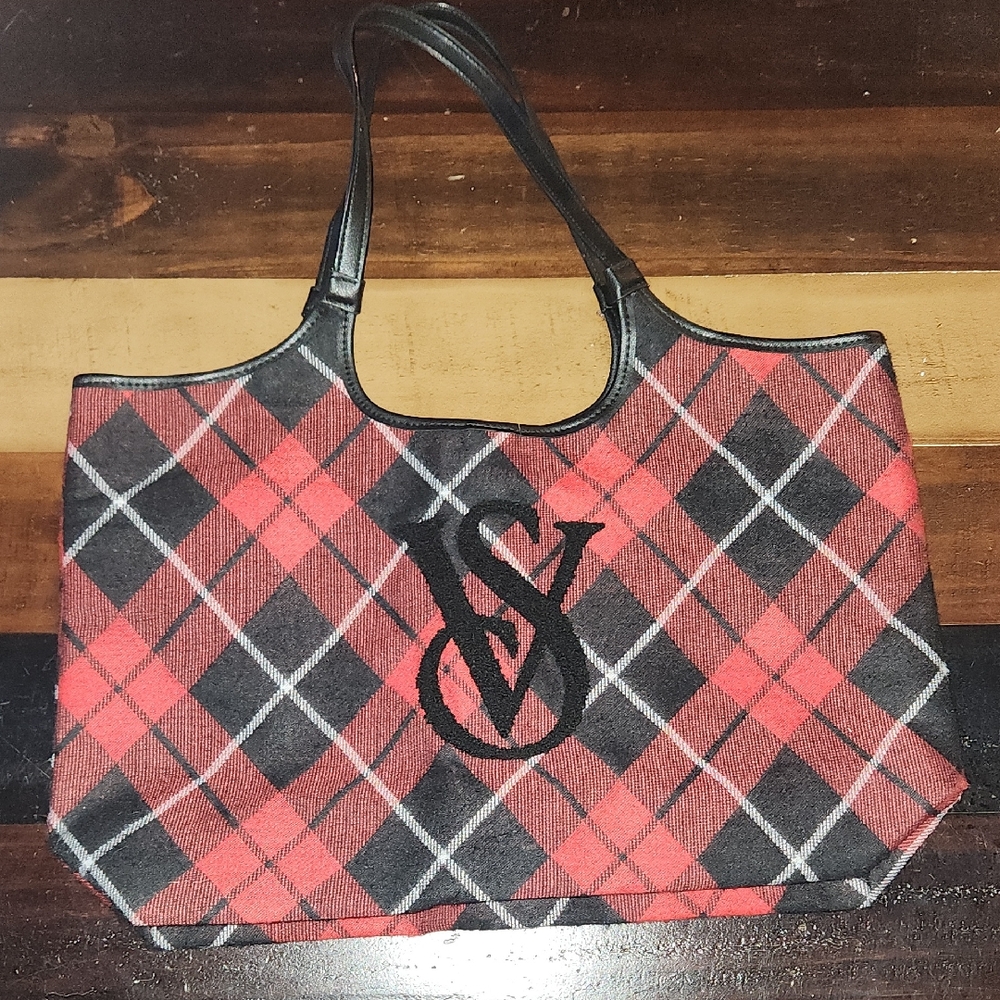 Victoria's Secret Elegant Plaid Tartan Tote Bag with Black Handles